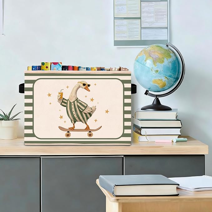 Skateboard Goose Storage Bin, Foldable Fabric Basket for Kids Room | Foldable fabric storage bin with funny goose design for toys, books, clothes, nursery, bedroom, and playroom use.