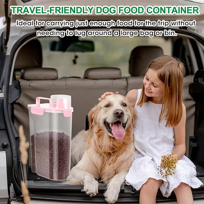 Pet Dog Cat Food Storage Container 5 to 7 lbs with Can Cover and Mixing Spoon, Airtight Pet Food Storage Dispenser with Large Spout & Measuring Cup for Kibble Dog Treat Bird Seed Container -Pink