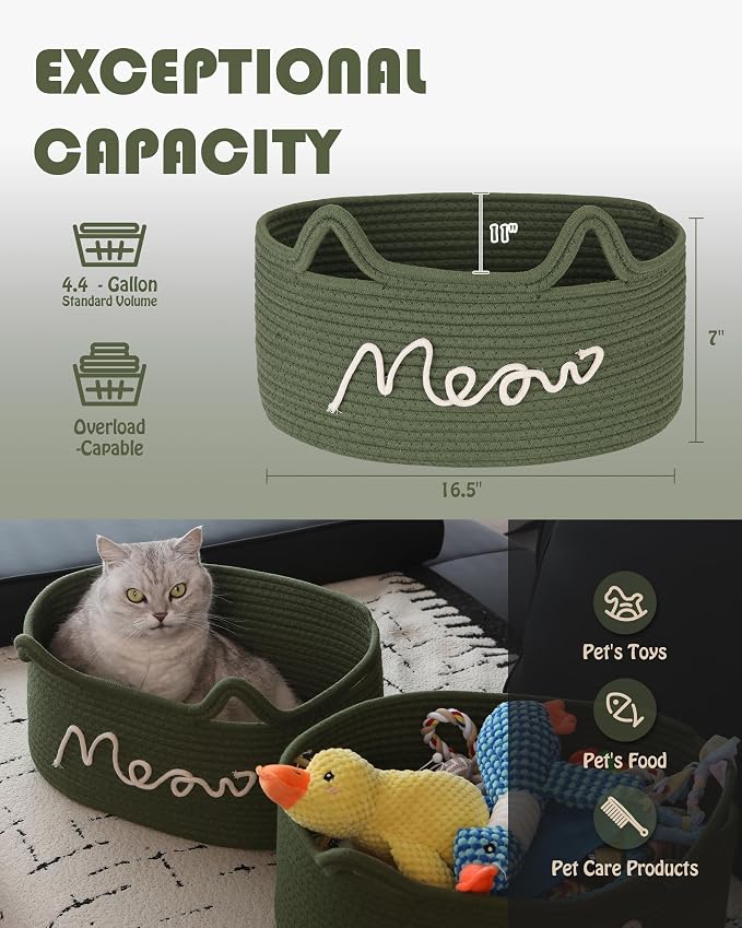Sea Team Cat Toy Storage Basket with Handles and Ears, Green Meow | Large Cotton Rope Storage Bin, Shelf Basket, Organizer for Pet Chew Toys, Foods, 16.5 x 11 x 7 Inches, 4.4 Gallons