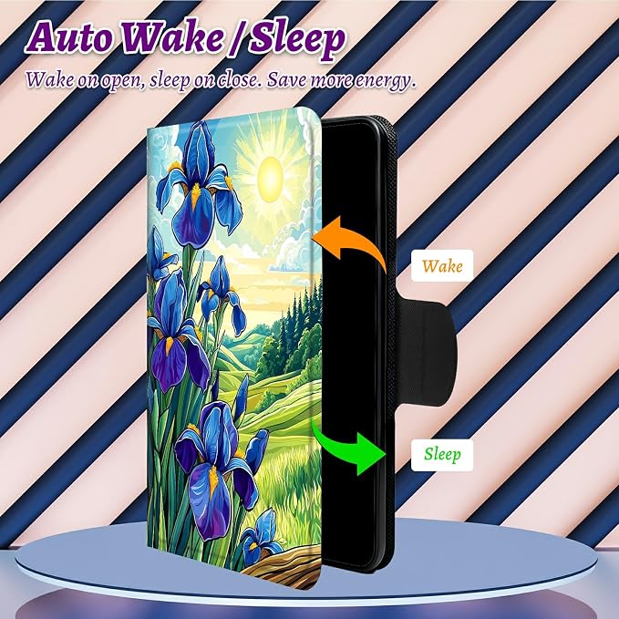 Rotating Handle Case for Samsung Galaxy Tab A8 10.5" 2022 (SM-X200/X205/X207), 360 Degree Swivel Kickstand with Magnetic Closure Shockproof Leather Cover for Women Men, Blue Flower Lawn
