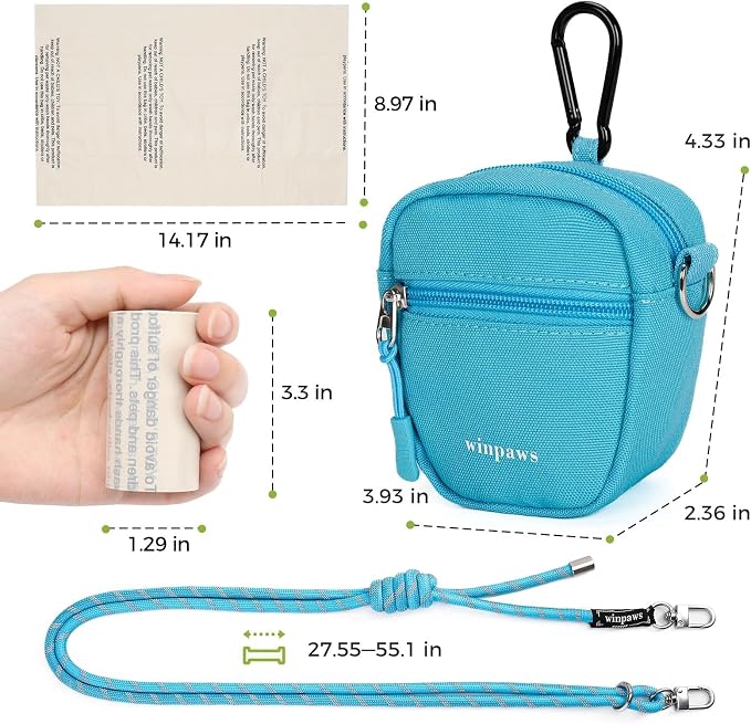 Dog Treat Pouch with Poop Bag Holder, Small Crossbody Bag for Puppy Training and Walking, Shoulder Strap Can Use as Dog Leash- Pet Travel Accessories, Metal Carabiner Attached (Blue) | 900D Oxford Fabric
