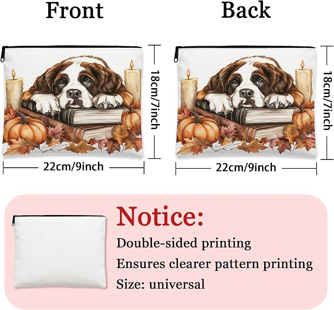 Fall St. Bernard Dog Makeup Bag, Autumn Candle Book Pumpkin Printed Cosmetic Travel Pouch for Women Girls, Pet Portable Small Canvas Zipper Organizer 7x9 Inch