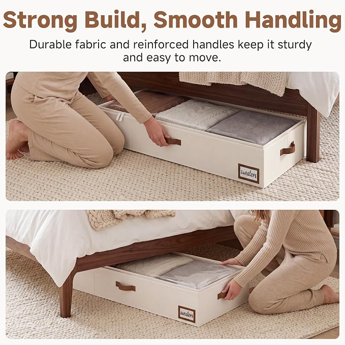 StorageWorks 7 Inch Low Profile Under Bed Storage Containers with Clear Lid | Reinforced Structure, Resists Sagging, Handles & Label Holder, Foldable Stackable Closet Storage for Clothes, Blankets, Toys