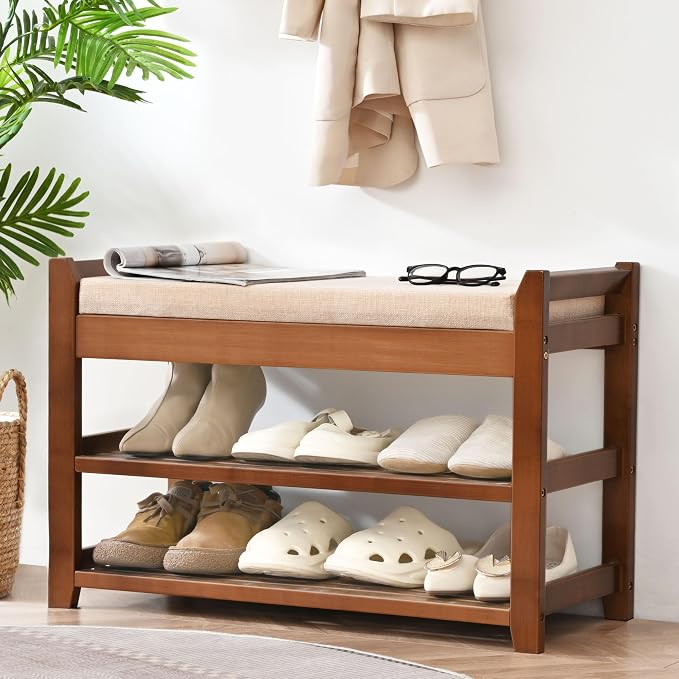 PETKABOO Shoe Rack Bench with Cushion, Shoe Rack for Front Door Entrance, Shoe Bench with Storage for Entryway Hallway Bedroom Living Room