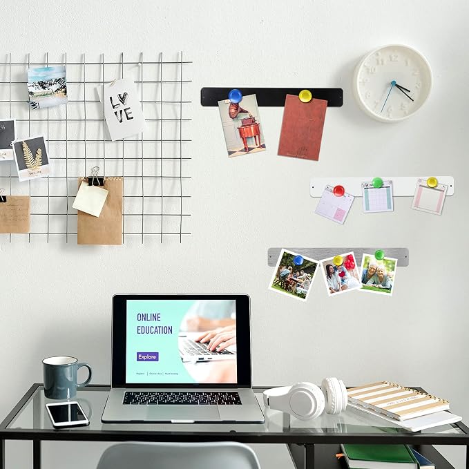 Outus 6 Pcs Magnetic Wall Strips 15" x 2", 48 Magnets, Silver, Black, White | Metal display strips for notes, photos and memos; ideal for office, home, classroom and workspace.