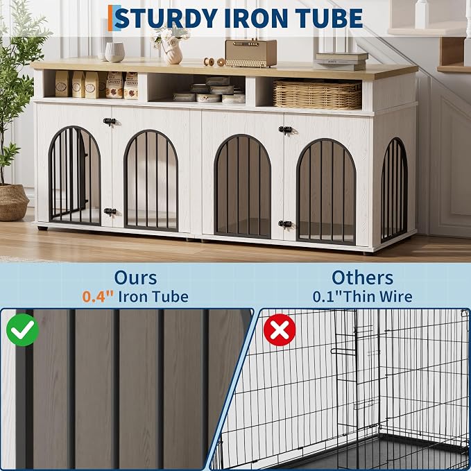 Garvee Double Dog Crate Furniture 71 in Dog Kennel Furniture for 2 Medium Dogs, Heavy Duty Dogs Cage XL Dogs House Indoor with 3 Storage Shelves, Large Puppy Crates with 8 Adjustable Feet