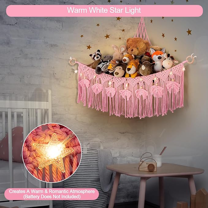 Macrame Stuffed Animal Storage with Star Light, Corner Hammock for Nursery | Corner Hanging Stuffed Animal Net Organizer for Girls' Room, Plushies Toy Wall Hanging Display Holder, Kid Gift
