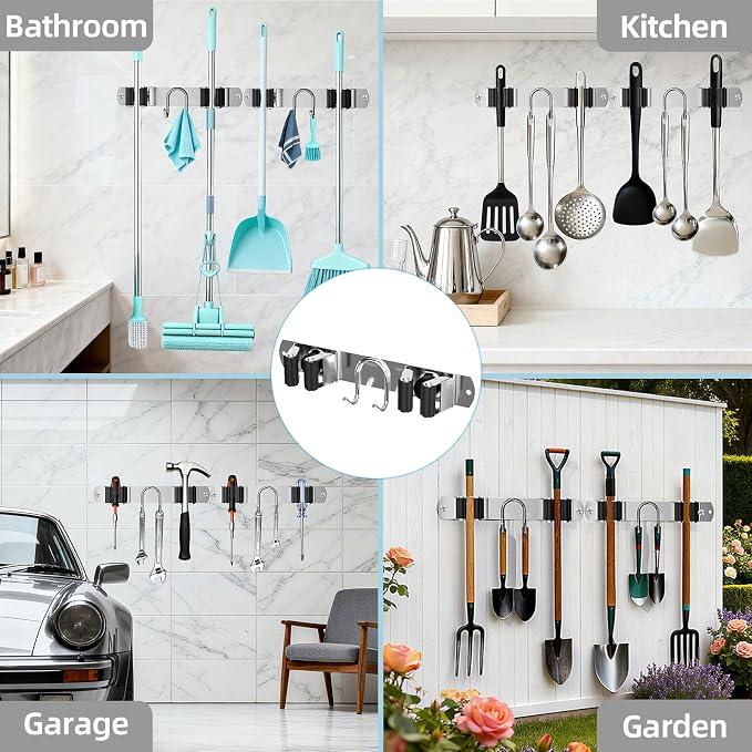 Broom Holder Wall Mount, 2-Pack Stainless Steel Mop and Broom Organizer, Broom Hanger with 2 Slots 2 Hooks for Home Kitchen, Garage, Garden and Laundry Room, Silver