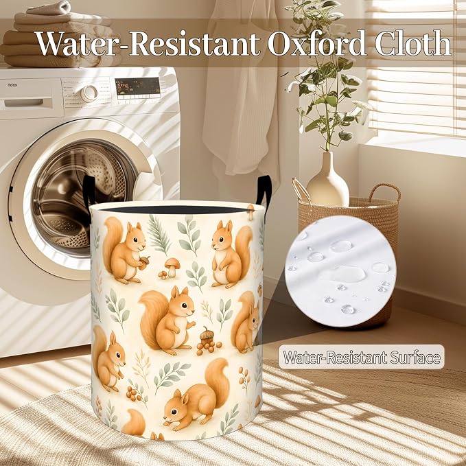 Cute Squirrel Laundry Basket, Watercolor Woodland Foldable Oxford Cloth, Waterproof Dirty Clothes Hamper with Handles, Clothing Storage Bin Toy Organizer for Bedroom Dorm Bathroom, 19.7"x15.7"