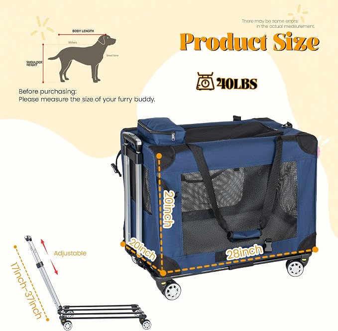 2 in 1 Rolling Dog Crate with Wheels, 24'' Collapsible Travel Pet Carrier for Medium Large Dogs, Portable Folding Kennel with 3-Door Design & Mesh Windows (Dark Blue + 28'')