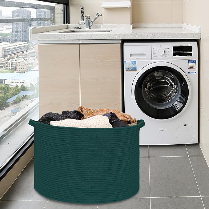 Large Cotton Rope Blanket Basket, 87L Laundry Hamper, Dark Green