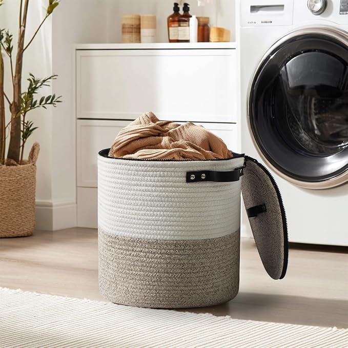 Storage Basket with Lid, 18"x14" Large Woven Blanket Storage for Living Room, Round Cotton Rope Bin with Zipper Top, Shoe Basket with Lid for Entryway, Floor Kids Dog Toy Bin Box with Cover
