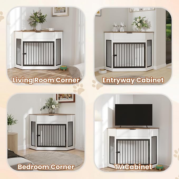 44.6" Corner Dog Crate Furniture for Small Medium Dogs, Modern Medium Size Decorative Dogs Crates End Table with Fluted Drawer, Wooden Dog Cage Kennel Furniture for Home Décor, White