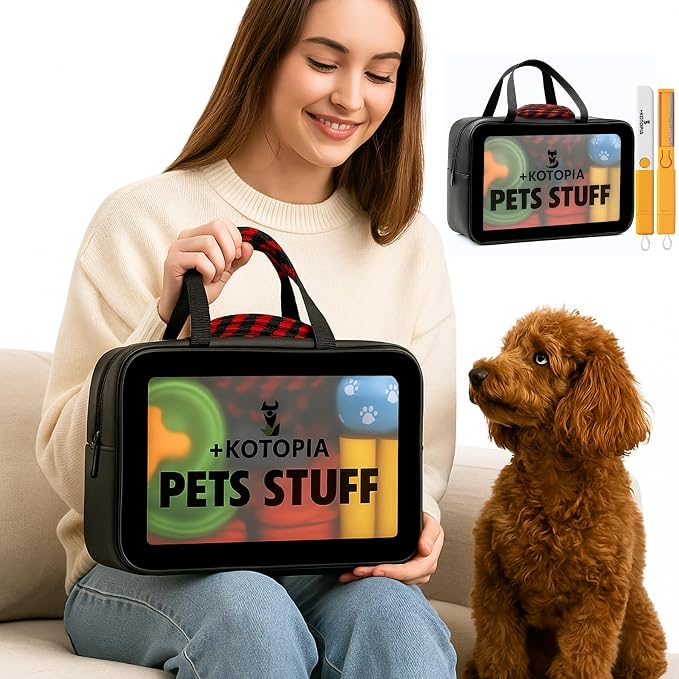 Dog Grooming Tote Bag – Travel Supply Organizer for Dogs – Pet Accessories Storage with Hair Remover Brush – Compact Grooming Bag for Home & Trips – Black/Yellow