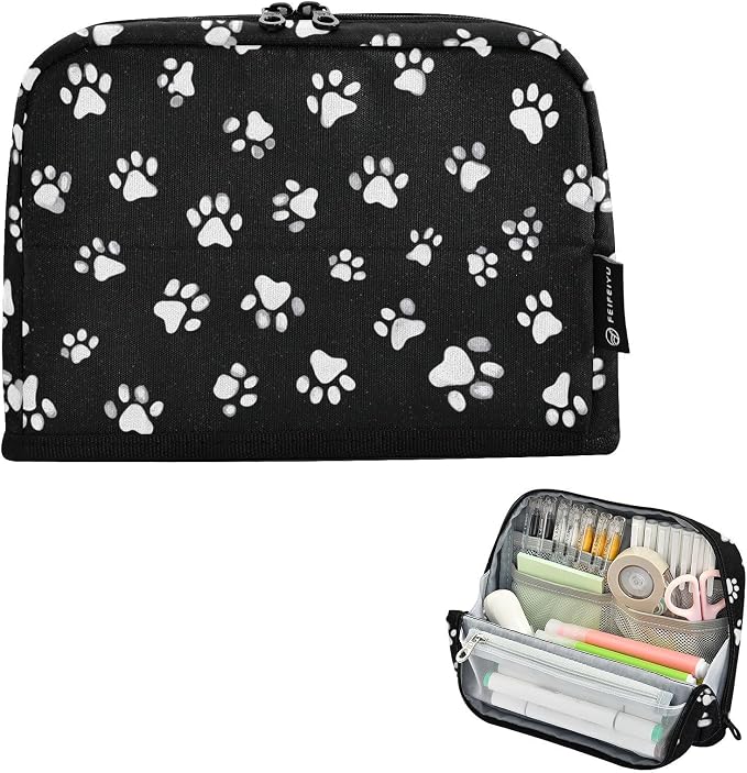 Aslsiy Large Capacity Pencil Case White Cute Pet Paws Black (2) Pencil Pouch for Boys Girls Portable Pen Bag Organizer Standing Makeup Bag for School Office Supplies