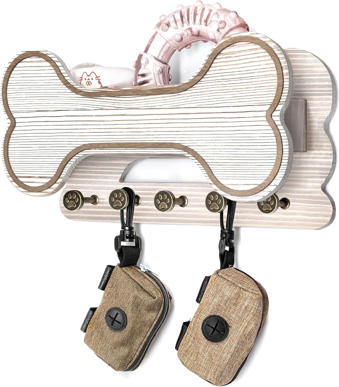 MTERSN Dog Leash Holder for Wall with Key Hooks for Dog Lover Gift, White | Chic 3D Puppy Paw Hooks, Doggie Bone Shape Key Rack Wall Mount with 5 Hooks, Display Shelf, Ideal for Treats & Dog Food