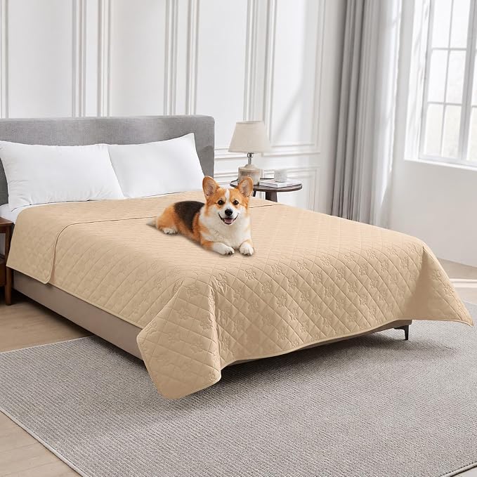 PAWFINITY Waterproof Bed Cover for Dogs, Pet Blanket for Mattress Washable | Paw Print Quilted, Hair Resistant, Anti Cat Scratch, Pee Proof Furniture Protector for Queen Size Bed, 68x82 Inch, Beige