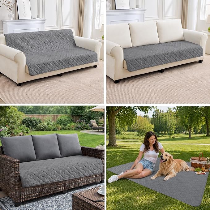 PAWFINITY Waterproof Couch Covers for Dogs, Pet Blanket for Sofa Washable | Paw Print Quilted, Hair Resistant, Anti Cat Scratch, Washable Furniture Protector for 3 Seat Sofa and Bed, 30x90 Inch, Grey