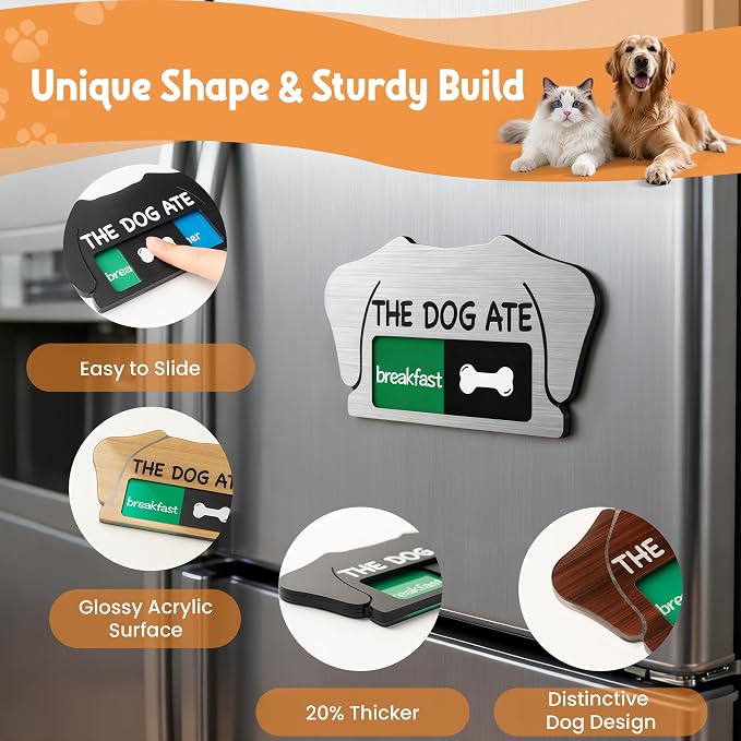 Dog Feeding Reminder Sign, Magnetic Pet Fed Schedule Chart with Slider, Breakfast & Dinner Tracker for Fridge, Prevent Overfeeding, Unique Dog Ear Shape Acrylic Sign, 5.5" x 3", Wood