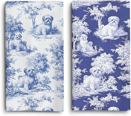 Shih Tzu Kitchen Dish Towels Set of 2, Blue and White Floral Dog Towel Dish Tea Towels, Chinoiserie Decor for Kitchen Bathroom,Shih Tzu Gifts for Dog Lover Mom Dad,16x24 Inch