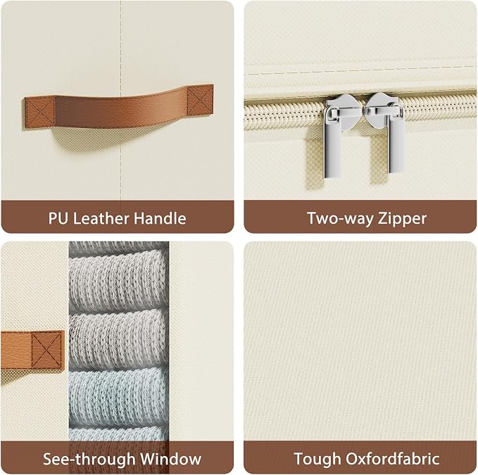 Large Clothes Storage Bins with Sturdy Frame, Foldable Clothing Organizer Box, Sweater Storage Cube with Lids and Zipper, Fabric Bedding Storage Bags for Blankets, Seasonal Clothes, Comforter