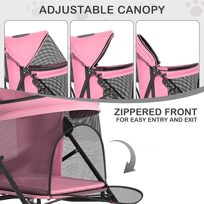 MoNiBloom Pet Stroller for Small/Medium Dogs and Cats up to 22 lbs, Pink | Foladble 4 Wheels Easy-Fold Puppy Cage Jogger Stroller with Sun Cover, Pad and Rear Storage Bag, Breathable and Visible Mesh