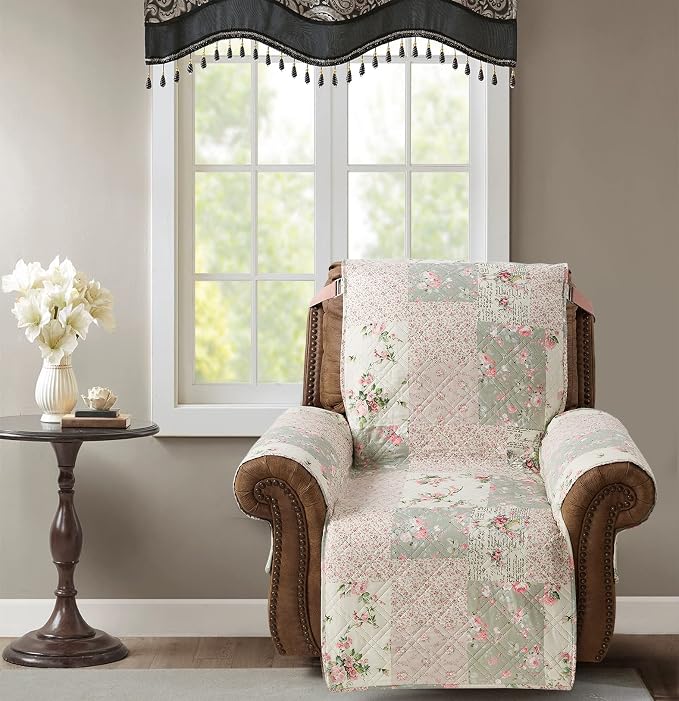 Brilliant Sunshine Soft Pink Roses & Sages Couch Recliner Cover, 26" seat | Quilted Sofa Cover, Living Room & Bedroom Furniture Protector, Washable Reclining Chair Slipcover for Pets, Dogs & Cats