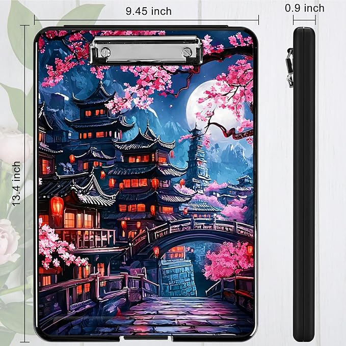 Cherry Blossom House A4 Clipboard with Storage Pen Holder, Clipboards Organizer Nursing Clipboard Foldable File Folder Plastic Clipboard Folio Clip Board for Office Students Classroom