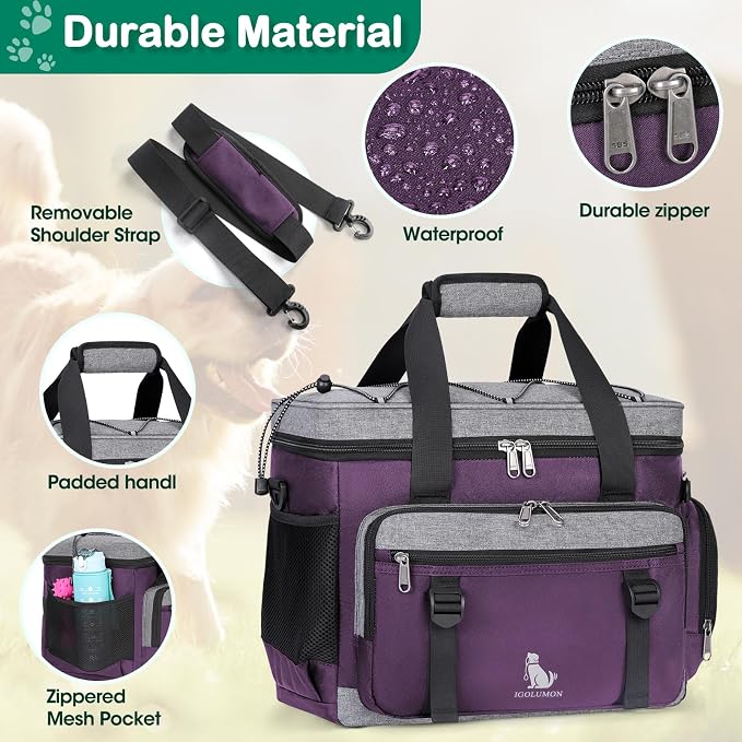 IGOLUMON Dog Travel Bag Large Waterproof Pet Travel Bags Set for Supplies | Weekend Travel Kit Tote Organizer Multi-Pocket Food Travel Bag with 2 Extra Large Food Containers, 2 Dog Bowls, 1 Feeding Mat