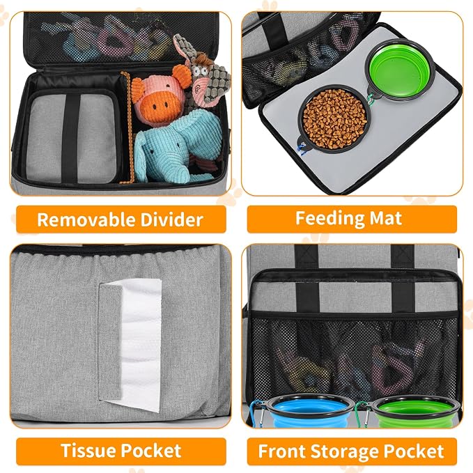 TORIBIO Large Dog Travel Bag for Supplies with Food Bowl | With 2 Food Container and Collapsible Bowls, Mat & Divider, Water-resistant, Pet Travel Kit for Weekend, Road Trips, Camping
