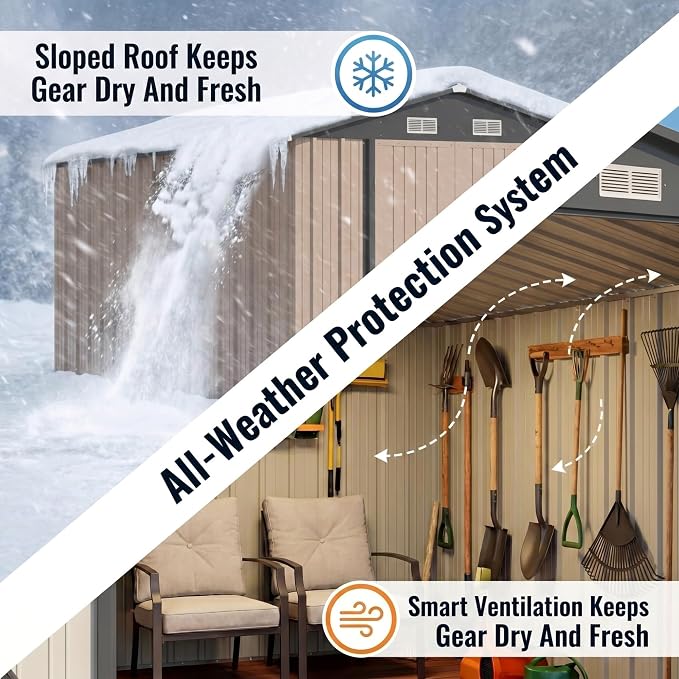 Devoko 8x12 FT Outdoor Storage Shed, Metal Tool Shed with Lockable Door&Slooping Roof, Outside Large Utility Storage for Garden Backyard Patio(Brown)