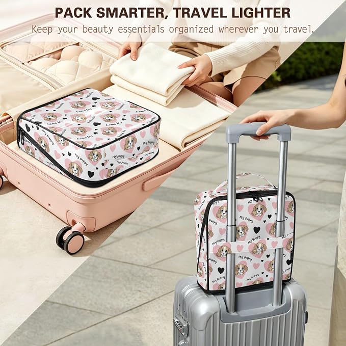 MCHIVER Pets Puppy Makeup Bag Travel Makeup Bag for Women | Stand-Up Large Makeup Bag Organizer with Handle and Divider for Travel Accessories, 10x4.1x9.6 In