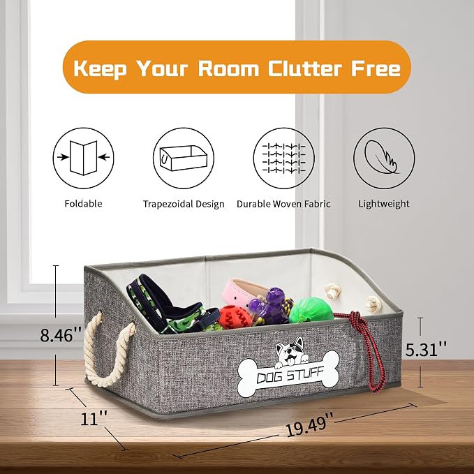 Dog Toy Basket, Storage Bin, Collapsible Box for Pet Accessories | Fabric Container With Handle, Trapezoid Holder for Small Medium dogs, Organizer for Living Room, Gray