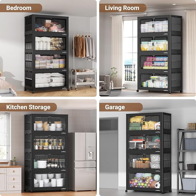 BROVIEW 800Qt Stackable Storage Bins with Lid for Home Dorm, 4Pack Black | Closet Organizers, Foldable & Collapsible Cabinets, Large Containers, Wheels & Magnetic Doors, Plastic Drawers for School