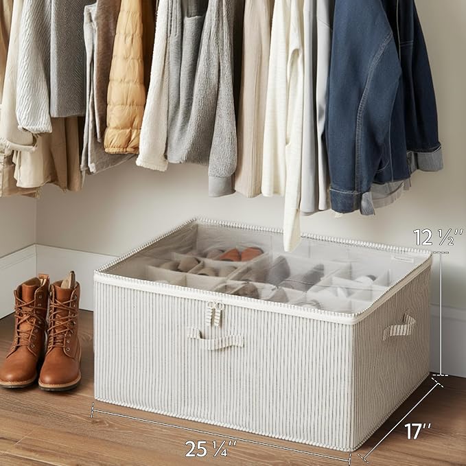 StorageWorks Shoe Organizer for Closet, Fits up to 24 Pairs, Shoe Cubby Storage Containers with Adjustable Dividers and Clear Cover, Khaki and Beige Stripes | Adjustable Dividers, Holds up to 24 Pairs, Foldable, Clear Lid, Soft Handles, Fits Boots, San...