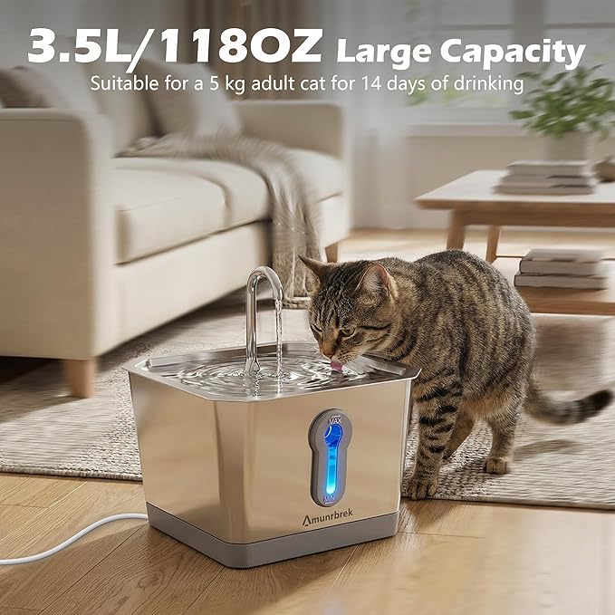 Amunrbrek Smart Cat Water Fountain with App, 3.5L Stainless Steel Gravity Pet Water Dispenser, Silent Pump, Low Water Alert & Drinking Tracking