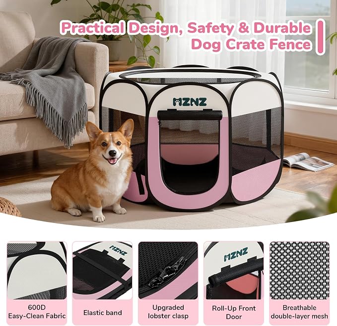 Dog Cat Small Animal Puppy Playpen Crate, Medium, Pink | Portable Pop Up Pet Cage Enclosure Tent Kennel Indoor Outdoor with Carrying Case, No Assembly, Camping Use