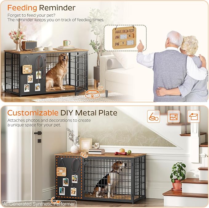 YATINEY Foldable Dog Crate Furniture, 47.2" Dog Crate with DIY Frame, Heavy Duty Dog Kennel Indoor with Hooks, Wooden Dog Cage End Table, for Small/Medium/Large Dogs, Rustic Brown DC120BR