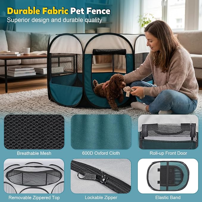 Portable Pet Playpen for Cat Dog: Foldable Cat Playpen Enclosed Up to 40lbs | Large Pop Up Indoor Outdoor Kennel for Puppy Kitten, Carry Case, Removable Zipper Top, 600D Oxford, Waterproof Base, Camping
