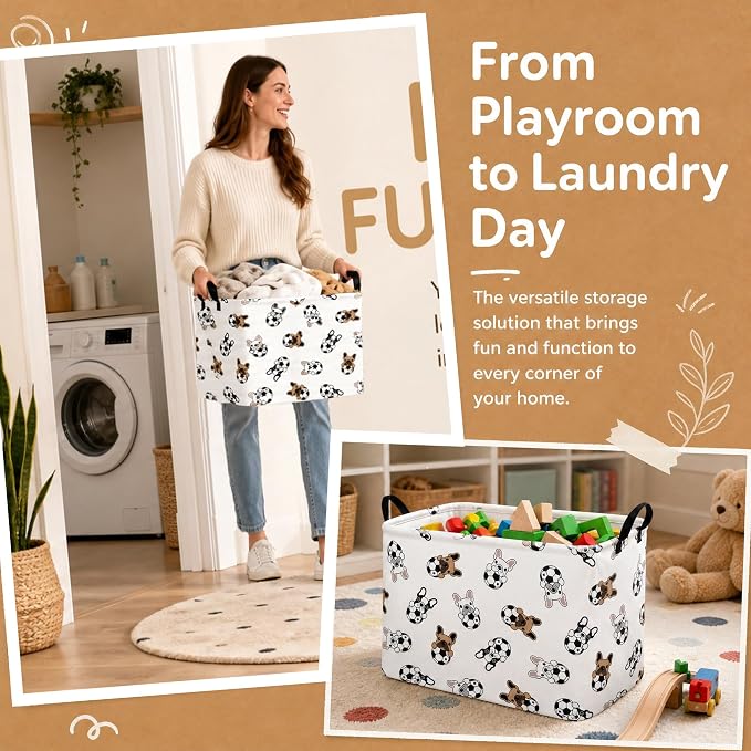 Large Dog Toy Basket Puppy Box Storage Bin (Brown Black) | Holder French Bulldog Stuff Organizer, Room Decor Gifts