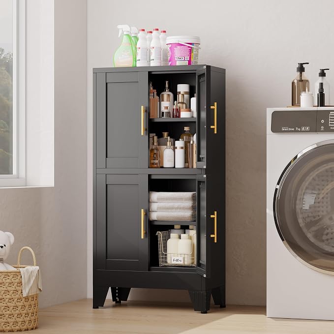 47” Black Metal Bathroom Storage Cabinet, Kitchen Pantry Cabinet | Steel Storage Cabinet with Doors and 3 Adjustable Shelves, Bathroom cabinets Organizer, for Home Office, Bedroom