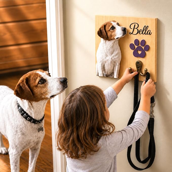 Personalized Dog Key Hook for Wall Mount with Custom Portrait & Name, Paw Print Wooden Wall Organizer, Pet Collar and Harness Holder, Key and Leash Rack for Entryway, Home Decor for Pet Lovers