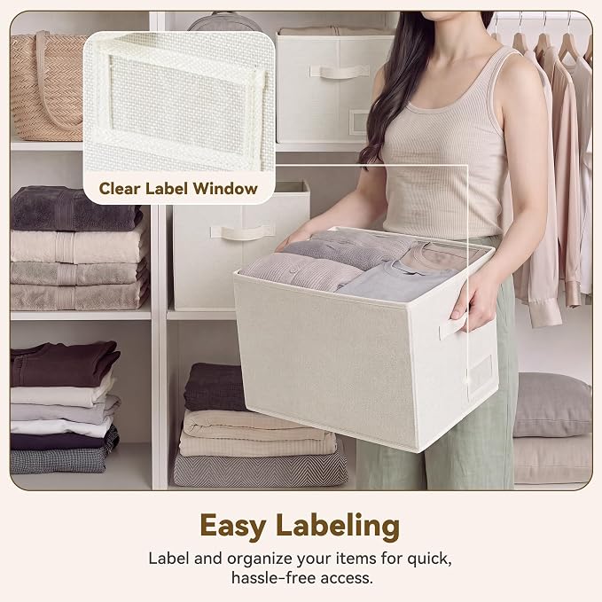GRANNY SAYS Closet Storage Bins with Label, Pearl White, Large, 3-Pack | Fabric Storage Bins for Shelves, Closet Storage Boxs, Clothing Storage and Organization, Foldable Storage Bins