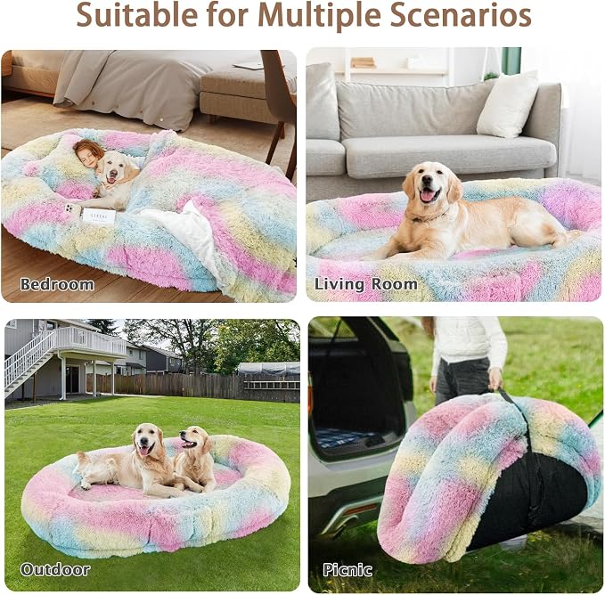 ROOMTEC Human Dog Bed, 78''x51''x12'' Size Fits Adult and Pet Washable Giant People Bed 10 CM Thick Memory Foam Large Oversize Pet Bed with Plump Pillow, Blanket, Strap - Rainbow