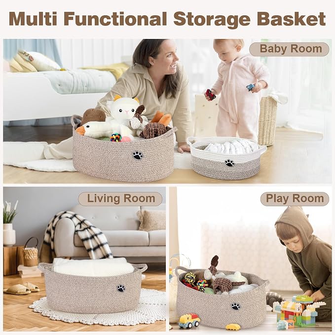 Optish Dog Toy Basket, 30L Toy Box and Bin for Dog Cat Storage, 19.7" X 11" X 7.9" Large Woven Rope Basket for Blankets, Living Room, Bedroom, Brown