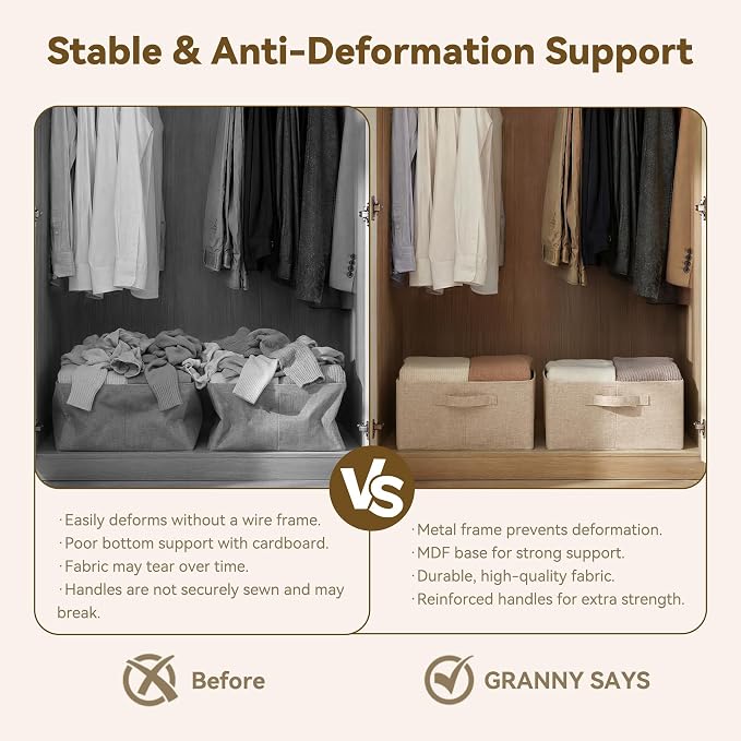 GRANNY SAYS Fabric Storage Basket, Storage Bins, Light Taupe, Large, 2-Pack | With Metal Frame, Foldable, Sturdy Handles, Organizer Bins for Closet, Shelf, Holds Blankets, Clothes, 17"x13"x7"