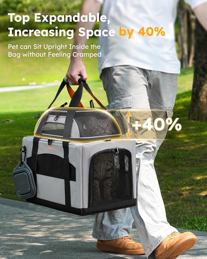 Pecute Cat Carrier,Top Expandable Dog Crate for Travel, Grey