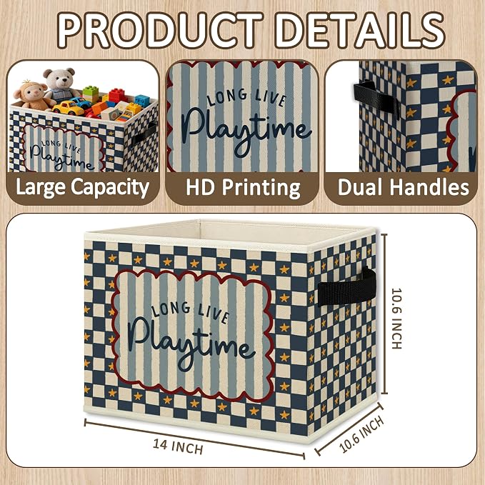 Kids Playroom Cube Storage Bins with Handles, Long Live Playtime Blue Checkered Collapsible Fabric Storage Basket Boxes Books Clothes Organizer for Kids Boys Bedroom Playroom Bathroom