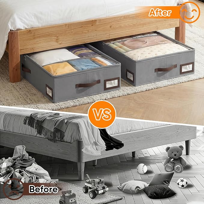 OIAHOMY 2 Pack 38L Under Bed Storage with Adjustable Dividers, 6" Low Profile Underbed Storage Bins for Comforters & Clothes, Save Closet Space with Clear View Lid & Reinforced Handles, Grey