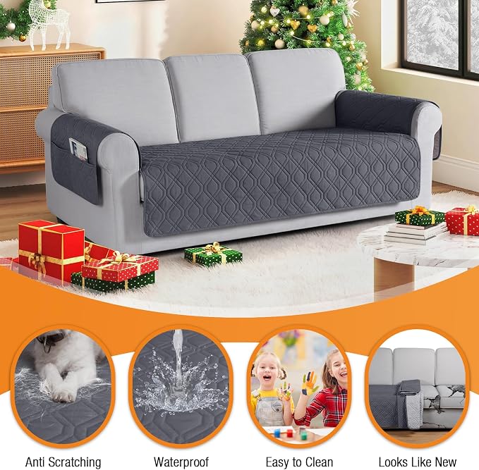 VANSOFY Waterproof Couch Cover for Pets, Dark Gray, 72.4" | Non-Slip, Washable, Utility Pockets, Pet Friendly, Furniture Protector Slipcover for 3 Cushion Plus Couch